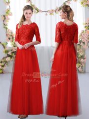 Red Empire Scalloped Half Sleeves Tulle Floor Length Zipper Lace Quinceanera Court Dresses
