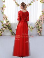 Red Empire Scalloped Half Sleeves Tulle Floor Length Zipper Lace Quinceanera Court Dresses