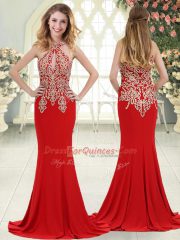 Suitable Red Mermaid Elastic Woven Satin Halter Top Sleeveless Beading and Lace Zipper Evening Dress Sweep Train
