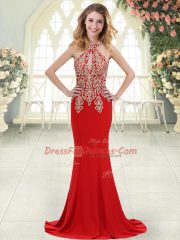 Suitable Red Mermaid Elastic Woven Satin Halter Top Sleeveless Beading and Lace Zipper Evening Dress Sweep Train
