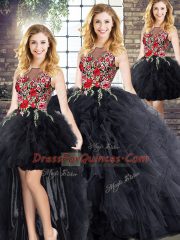 Adorable Black Ball Gowns Embroidery and Ruffles Quinceanera Dress Zipper Sleeveless Floor Length