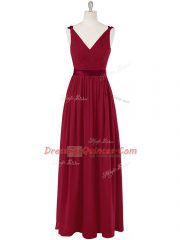 Wine Red Sleeveless Ruching and Belt Floor Length Prom Dresses