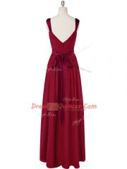 Wine Red Sleeveless Ruching and Belt Floor Length Prom Dresses