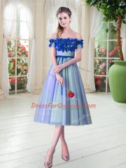 Stunning Off The Shoulder Sleeveless Lace Up Evening Dress Blue Tulle