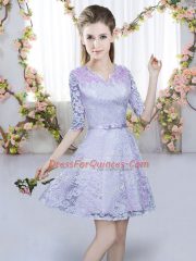 Fine Lavender V-neck Zipper Belt Quinceanera Dama Dress Half Sleeves