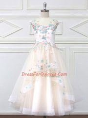 Champagne Sleeveless Floor Length Appliques Zipper Flower Girl Dress