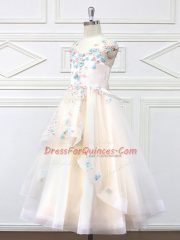 Champagne Sleeveless Floor Length Appliques Zipper Flower Girl Dress