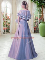 Grey A-line Scoop Short Sleeves Satin Floor Length Lace Up Lace Custom Made