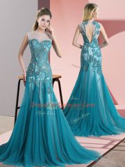 Teal Evening Dress Tulle Sweep Train Sleeveless Beading and Appliques