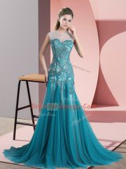 Teal Evening Dress Tulle Sweep Train Sleeveless Beading and Appliques