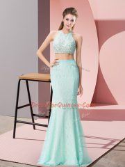 Halter Top Sleeveless Lace Dress for Prom Beading Backless