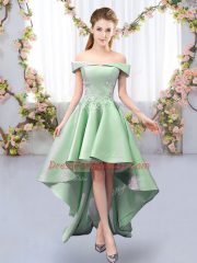 Green Satin Lace Up Off The Shoulder Sleeveless High Low Court Dresses for Sweet 16 Appliques