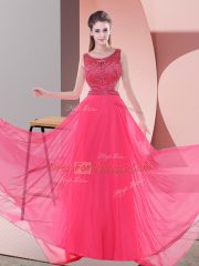 Coral Red Sleeveless Sweep Train Beading Prom Evening Gown