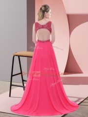 Coral Red Sleeveless Sweep Train Beading Prom Evening Gown