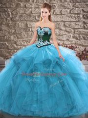 Superior Floor Length Lace Up Ball Gown Prom Dress Blue for Sweet 16 and Quinceanera with Beading and Embroidery