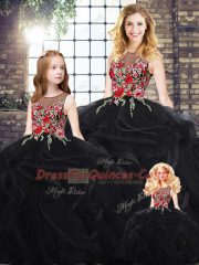 Beauteous Black Ball Gowns Scoop Sleeveless Floor Length Zipper Embroidery and Ruffles 15 Quinceanera Dress