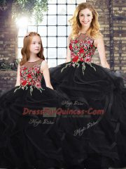 Beauteous Black Ball Gowns Scoop Sleeveless Floor Length Zipper Embroidery and Ruffles 15 Quinceanera Dress