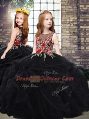 Beauteous Black Ball Gowns Scoop Sleeveless Floor Length Zipper Embroidery and Ruffles 15 Quinceanera Dress