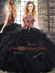 Beauteous Black Ball Gowns Scoop Sleeveless Floor Length Zipper Embroidery and Ruffles 15 Quinceanera Dress