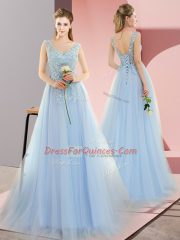 Blue Tulle Lace Up Homecoming Dress Sleeveless Sweep Train Beading
