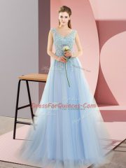 Blue Tulle Lace Up Homecoming Dress Sleeveless Sweep Train Beading