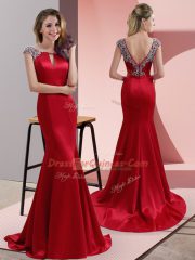 Hot Selling Red Cap Sleeves Elastic Woven Satin Sweep Train Backless Homecoming Dress for Prom and Party and Military Ball