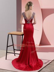 Hot Selling Red Cap Sleeves Elastic Woven Satin Sweep Train Backless Homecoming Dress for Prom and Party and Military Ball