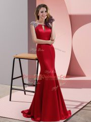 Hot Selling Red Cap Sleeves Elastic Woven Satin Sweep Train Backless Homecoming Dress for Prom and Party and Military Ball