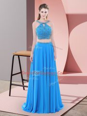 Chiffon Straps Sleeveless Sweep Train Backless Beading Evening Dress in Blue