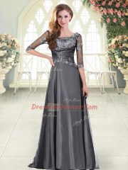 Cheap Grey A-line Taffeta Scalloped Half Sleeves Beading and Lace and Appliques Zipper Prom Evening Gown