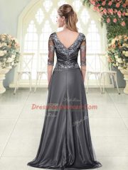 Cheap Grey A-line Taffeta Scalloped Half Sleeves Beading and Lace and Appliques Zipper Prom Evening Gown