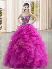 Stylish Fuchsia Ball Gowns Organza Sweetheart Sleeveless Beading and Ruffles Floor Length Lace Up Sweet 16 Dresses