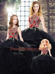 Affordable Black Tulle Lace Up Sweet 16 Dresses Sleeveless Floor Length Beading and Embroidery