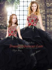 Affordable Black Tulle Lace Up Sweet 16 Dresses Sleeveless Floor Length Beading and Embroidery