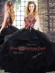 Affordable Black Tulle Lace Up Sweet 16 Dresses Sleeveless Floor Length Beading and Embroidery