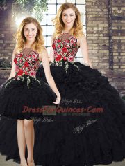 Black Organza Zipper Quince Ball Gowns Sleeveless Floor Length Embroidery and Ruffles