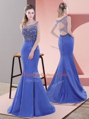 Best Selling Beading and Lace Homecoming Dress Blue Lace Up Sleeveless Sweep Train