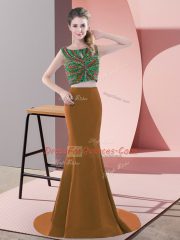 Brown Prom Dresses Satin Sweep Train Sleeveless Beading
