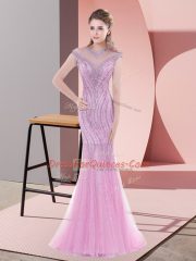 Pretty Pink Cap Sleeves Beading Lace Up Prom Dress