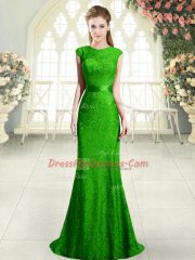 Exquisite Green Dress for Prom Scoop Cap Sleeves Sweep Train Backless