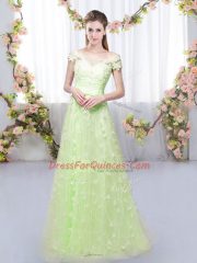 Best Yellow Green Quinceanera Dama Dress Prom and Party and Wedding Party with Appliques Off The Shoulder Cap Sleeves Lace Up