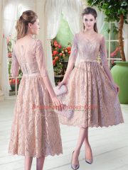 Half Sleeves Zipper Tea Length Belt Prom Dresses