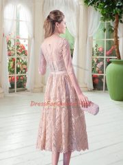 Half Sleeves Zipper Tea Length Belt Prom Dresses