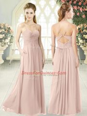 Pink Sleeveless Ruching Floor Length Prom Party Dress