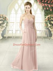 Pink Sleeveless Ruching Floor Length Prom Party Dress