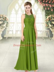 Clearance Olive Green Chiffon Backless Scoop Sleeveless Floor Length Prom Dresses Lace