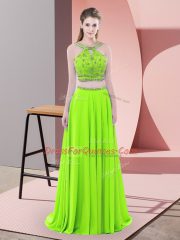Best Chiffon Straps Sleeveless Sweep Train Backless Beading Dress for Prom in
