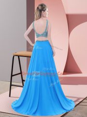 Best Chiffon Straps Sleeveless Sweep Train Backless Beading Dress for Prom in