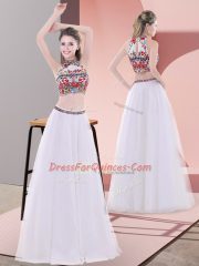 Flirting White Lace Up High-neck Embroidery Prom Dress Tulle Sleeveless
