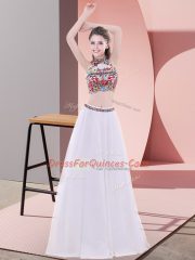 Flirting White Lace Up High-neck Embroidery Prom Dress Tulle Sleeveless